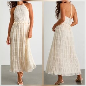 Lulus XS Madriana Ivory Halter Neck Ruffle-Trimmed Tiered Midi Dress, Size XS